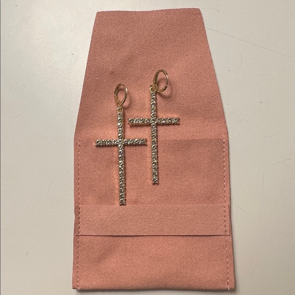 Gold and Rhinestone Cross Earrings - Picture 10 of 16